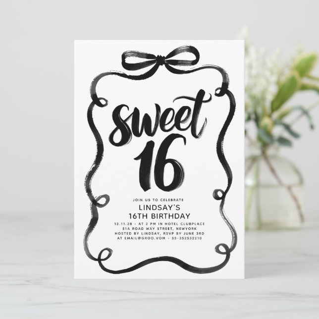 Black Bow Whimsical Sweet 16th Birthday Einladung (Stehend Vorderseite)
