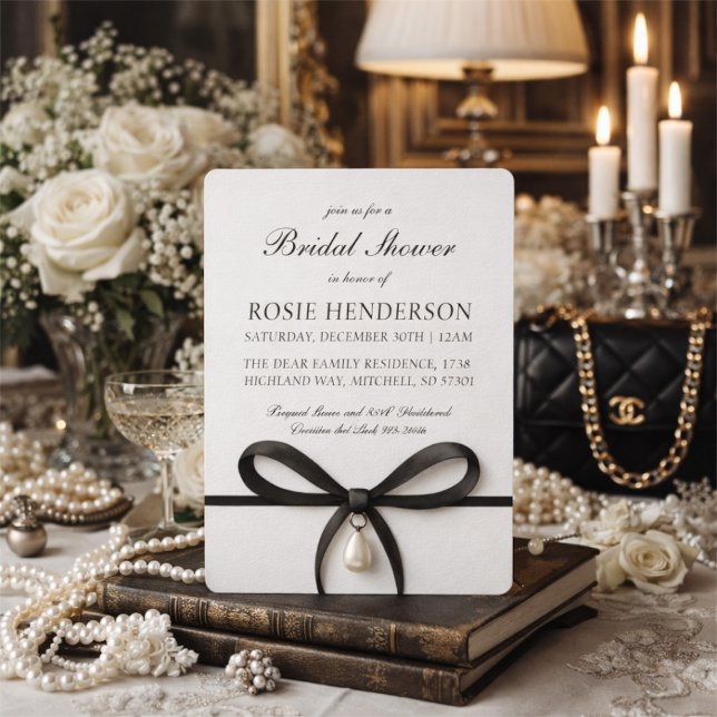 Black Bow With Pearl Old Money Style Bridal Shower Einladung (Black Bow With Pearl Old Money Style Bridal Shower Invitation!)