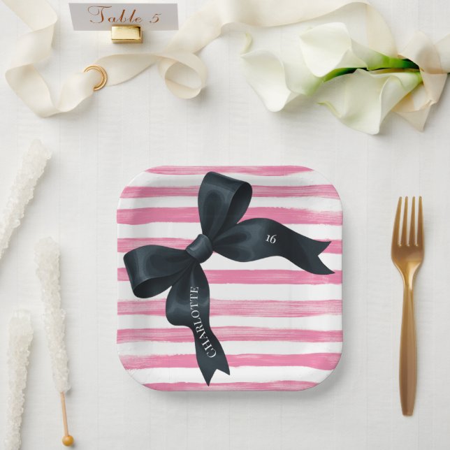 Black Bow with Pink White Stripe Birthday Pappteller (Hochzeit)