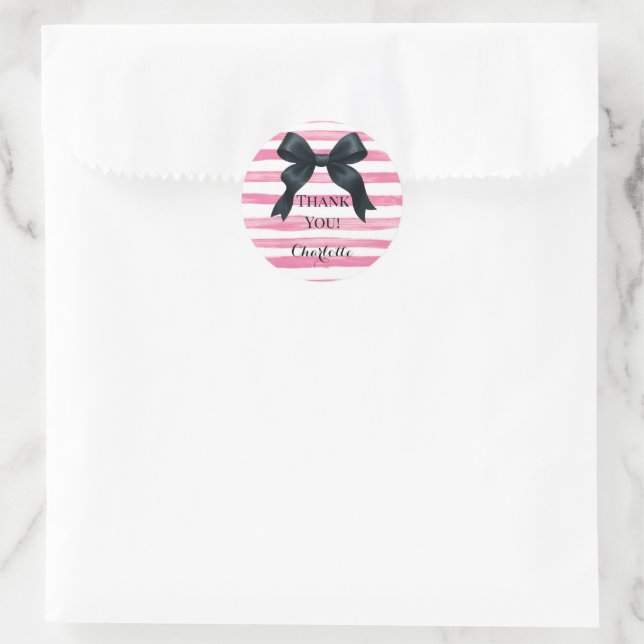 Black Bow with Pink White Stripe Custom Runder Aufkleber (Tasche)