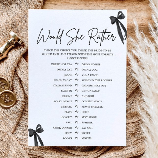 Black Bow würde eher Brautparty spielen Einladung (Black Bow Would She Rather Bridal Shower Game)