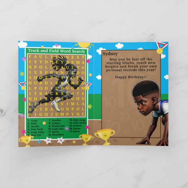 Black Boys Track Star Word Search Happy Birthday Karte (Innenseite)