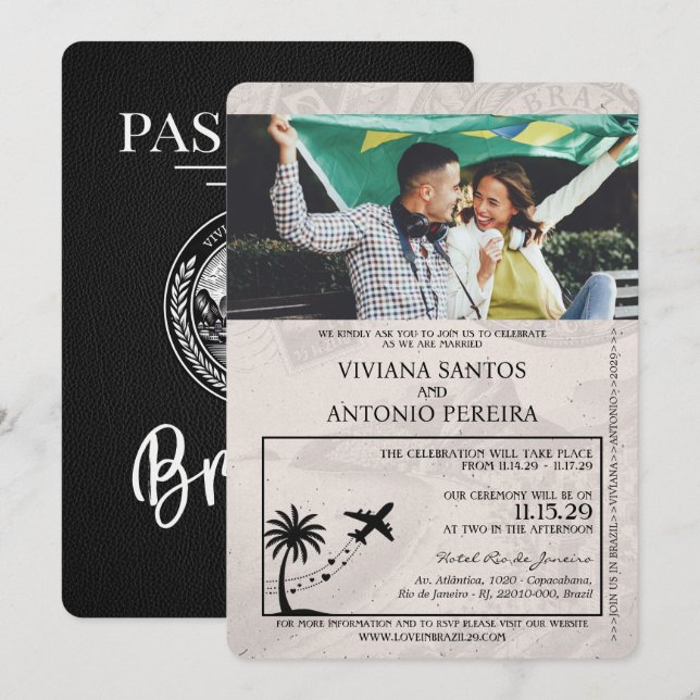 Black Brazil Passport Hochzeitseinladung Einladung (Vorne/Hinten)