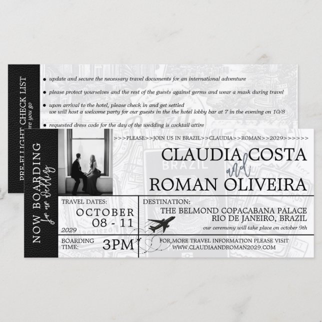 Black Brazil Wedding Boarding Pass (Vorne/Hinten)