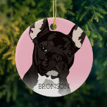 Black Brindle French Bulldog Christmas Keramik Ornament<br><div class="desc">Quirky Pop Kunst inspiriert französische Bulldogge Weihnachtsschmuck mit einem schwarzen brindle Franchie Hund auf einem pastellrosa Hintergrund,  der in jede Farbe geändert werden kann,  fügen Sie Ihren Haustiernamen.</div>