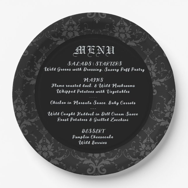 Black Brocade Gothic Thema Hochzeit & Abendmenü Pappteller (Vorderseite)