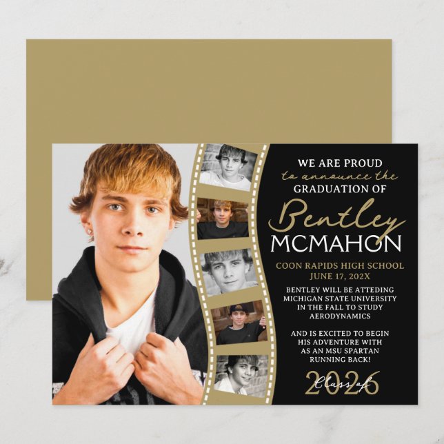 Black & Bronze Foto Filmstrip Grad Ankündigung (Vorne/Hinten)