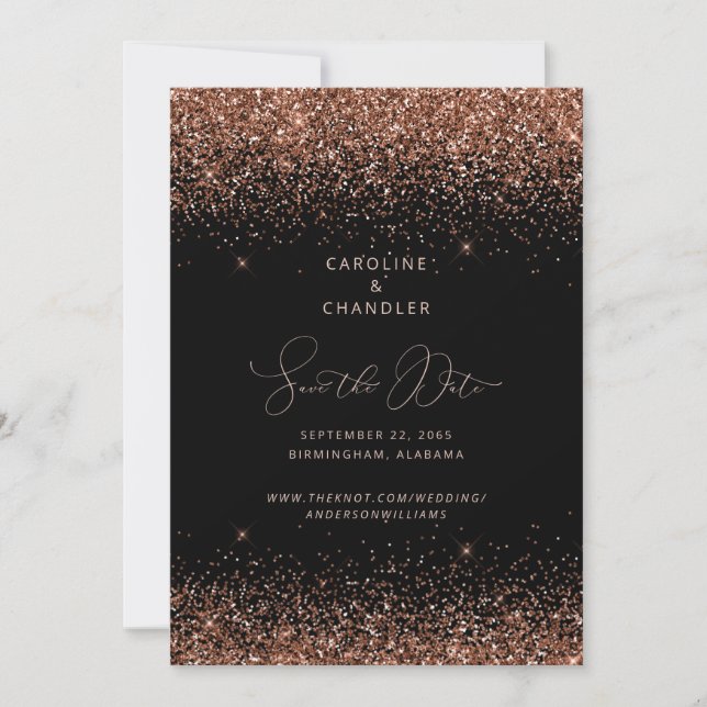 Black & Bronze Glitzer Wedding Save the Date Glam Einladung (Vorderseite)