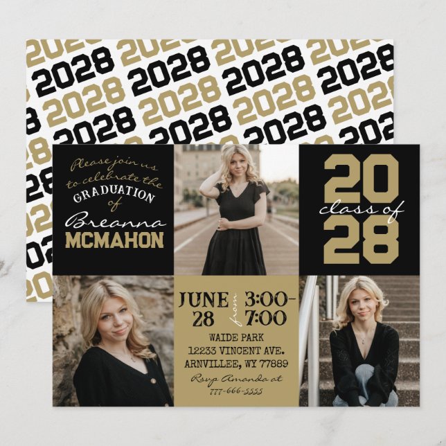 Black & Bronze Gold 3 Photo Graduation Invitation (Devant / Derrière)