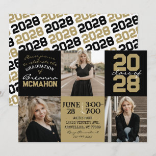 Black & Bronze Gold 3 Photo Graduation Invitation