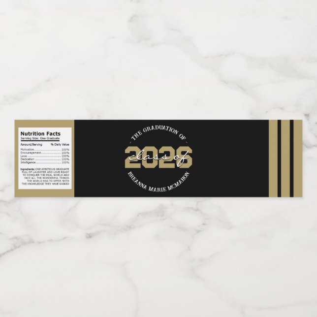 Black & Bronze Gold Abschluss Wasserflasche (Einzelnes Label)