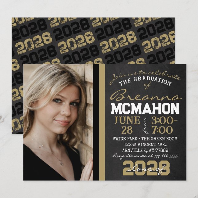 Black & Bronze Gold Chalkboard Abschluss Foto Einladung (Vorne/Hinten)