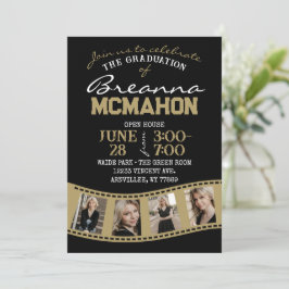 Black & Bronze Gold Filmstrip 5 Foto Abschluss Einladung