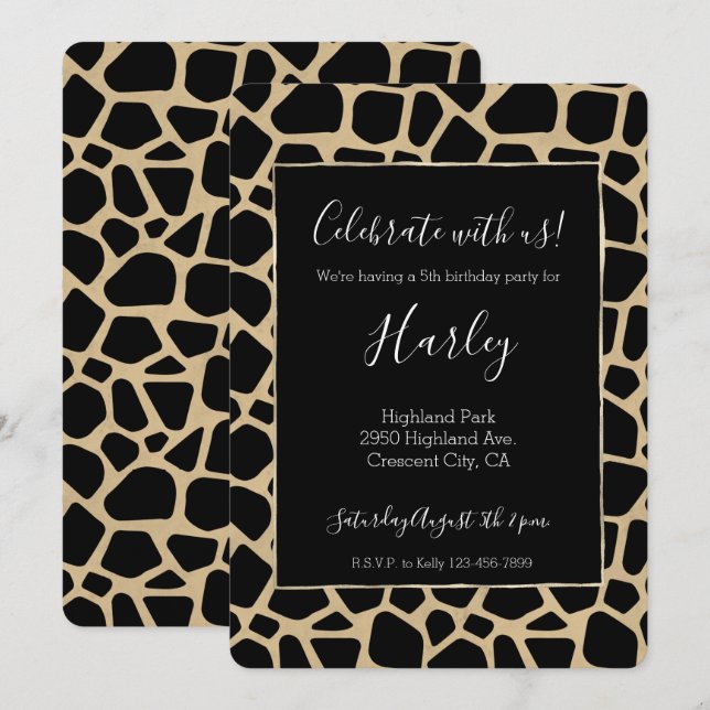 Black Brown Giraffe Print Einladung (Vorne/Hinten)
