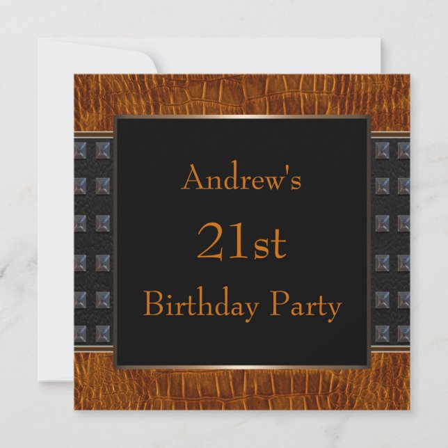 Black Brown Leather Mans 21. Geburtstag Party Einladung (Vorderseite)
