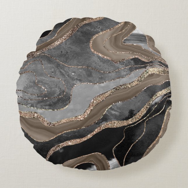 Black Brown Marble Agate Gold Glitzer Glam #1  Rundes Kissen (Vorderseite)
