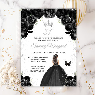 Black Brünett Hair Princess Birthday Party Einladung