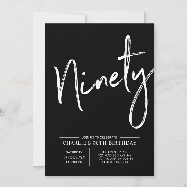 Black Brush Lettering Ninety 90th Birthday Party Einladung (Vorderseite)