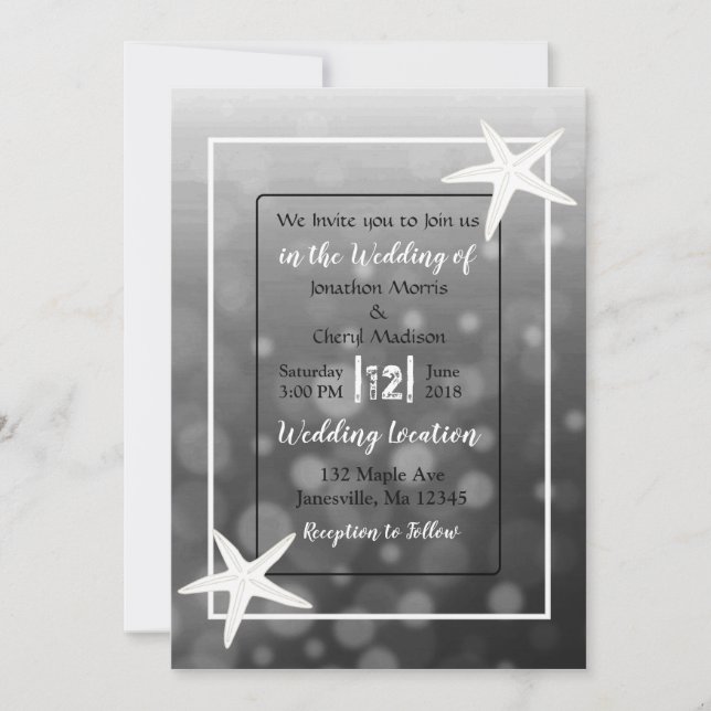 Black Bubbles Starfish Plage Mariage Invitations (Devant)