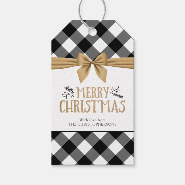 Black Buffalo Kariert MERRY CHRISTMAS Gold Bow Geschenkanhänger (Vorderseite)