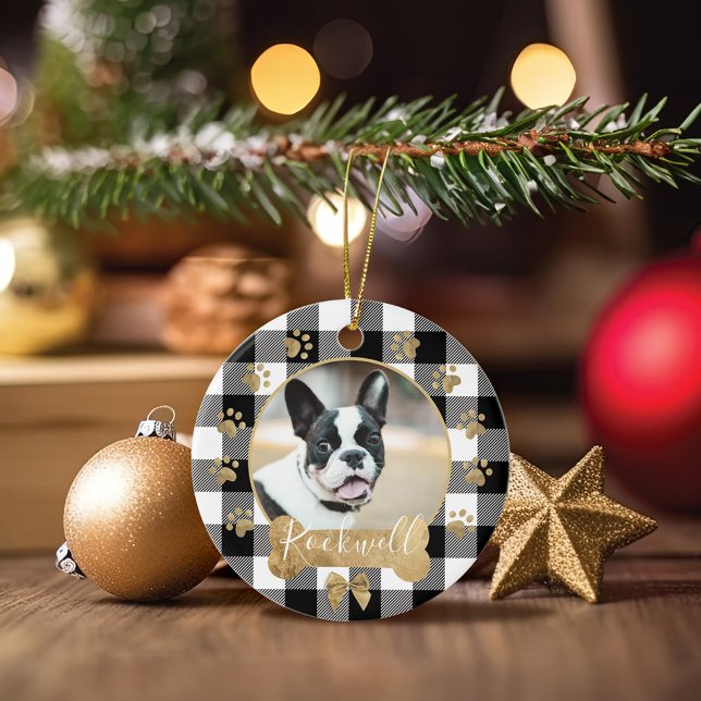 Black Buffalo Kariert Pattern Gold Bow Family Foto Keramik Ornament (Black Buffalo Plaid Pattern Gold Bow Family Photo Ceramic Ornament)