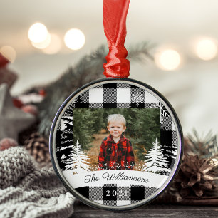 Black Buffalo Kariert Rustic Pine Tree Family Foto Ornament Aus Metall