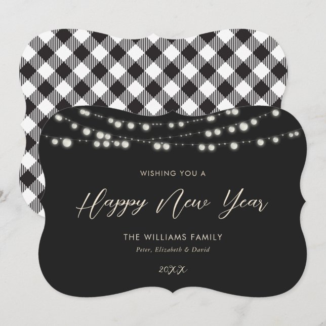 Black Buffalo Lights Plaid Happy New Year Cartes (Devant / Derrière)