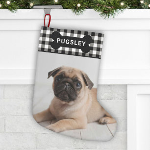 Black Buffalo Plaid Pet Dog Bone Monogram Photo Kleiner Weihnachtsstrumpf