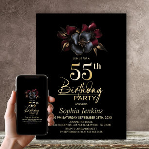 Black Burgund Gray Floral 55. Geburtstagsparty Einladung