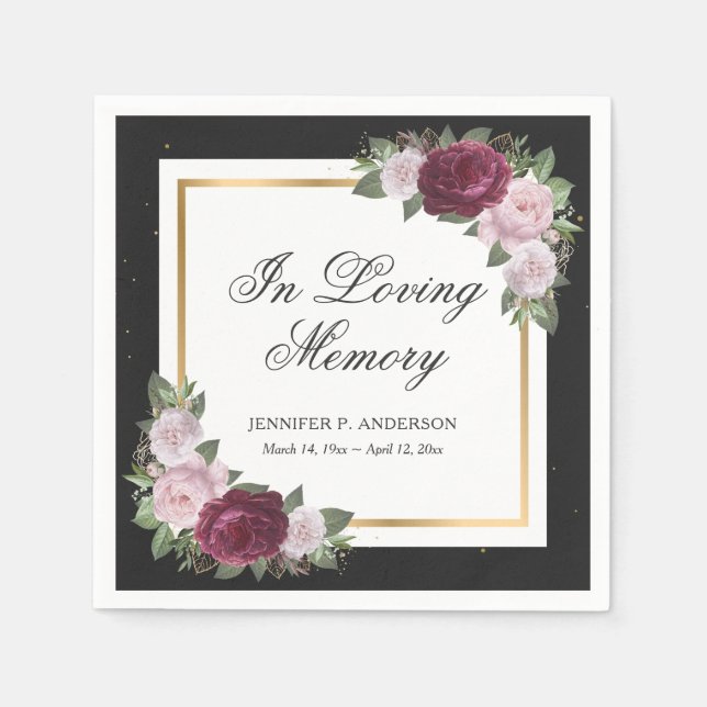 Black Burgundy Blush Gold Floral Beerdigung Napkin Serviette (Vorderseite)