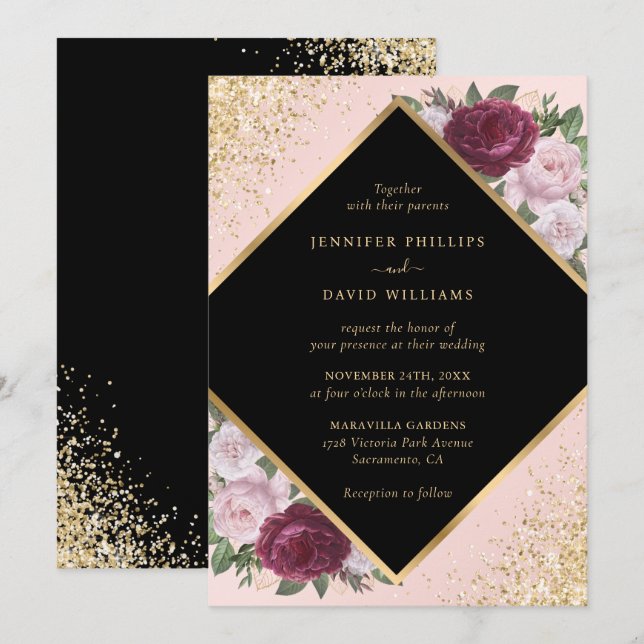 Black Burgundy Blush Gold Geometric Floral Wedding Einladung (Vorne/Hinten)