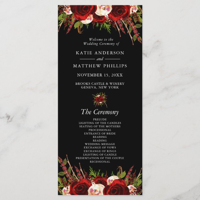 Black Burgundy Floral Boho Programme de mariage (Devant)