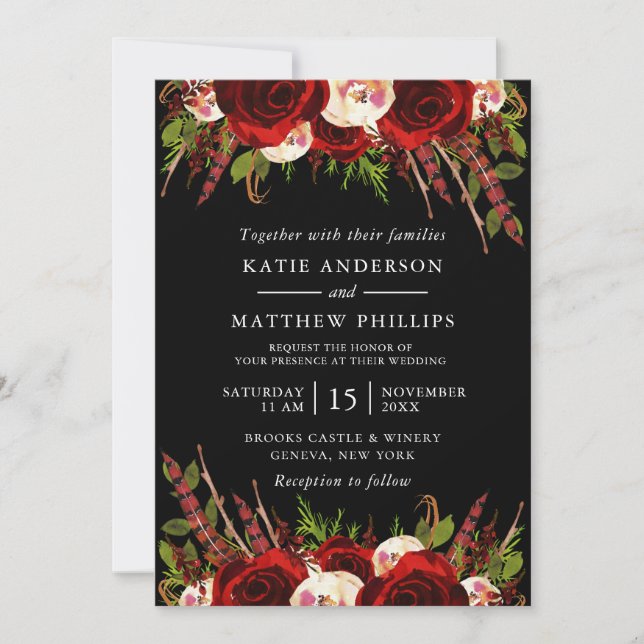 Black Burgundy Floral Boho Wedding Einladung (Vorderseite)