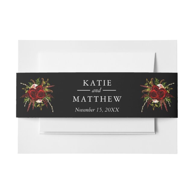 Black Burgundy Floral Boho Wedding Einladungsbanderole (Vorderseite Beispiel)