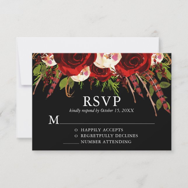 Black Burgundy Floral Boho Wedding RSVP Karte (Vorderseite)