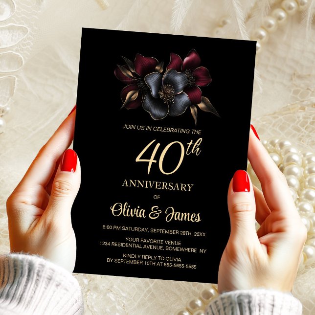 Black Burgundy Gray Floral 40 Jahre alt Einladung (Von Creator hochgeladen)