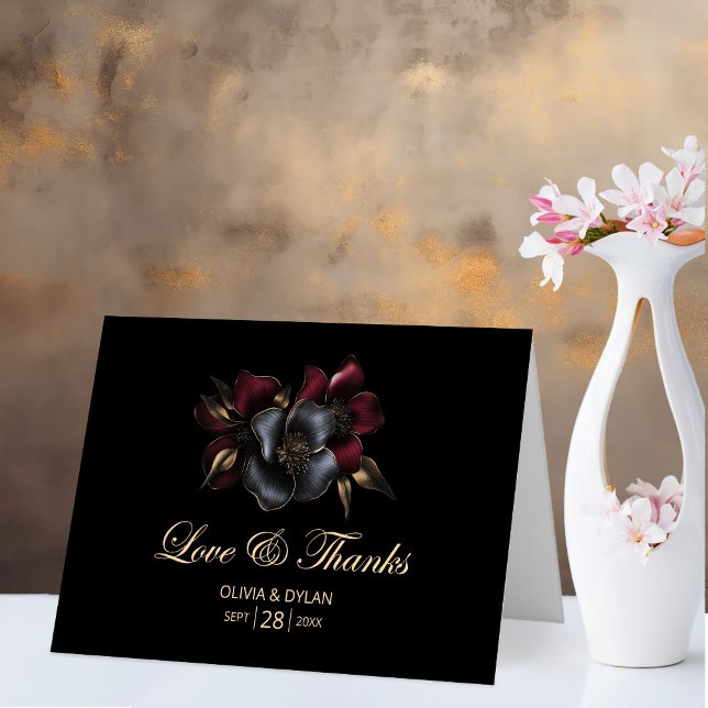 Black Burgundy Gray Floral Wedding Dankeskarte (Von Creator hochgeladen)