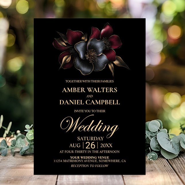 Black Burgundy Gray Floral Wedding Einladung (Von Creator hochgeladen)