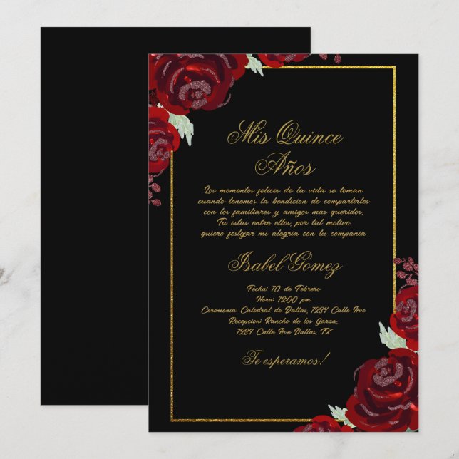 Black Burgundy Quinceanera Einladung (Vorne/Hinten)