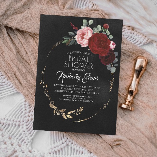 Black Burgundy Red and Gold Floral Brautparty Einladung (Von Creator hochgeladen)