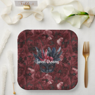 Black Burgundy Red Feathers Mask Brautparty Pappteller
