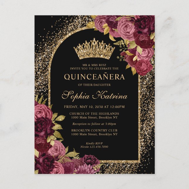 Black Burgundy Red Gold Glitzer Floral Quinceanera Einladungspostkarte (Vorderseite)