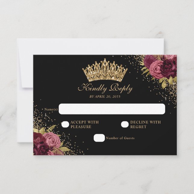 Black Burgundy Red Gold Glitzer Floral Quinceanera RSVP Karte (Vorderseite)