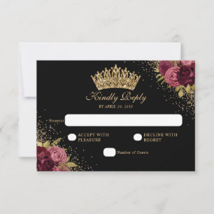 Black Burgundy Red Gold Glitzer Floral Quinceanera RSVP Karte