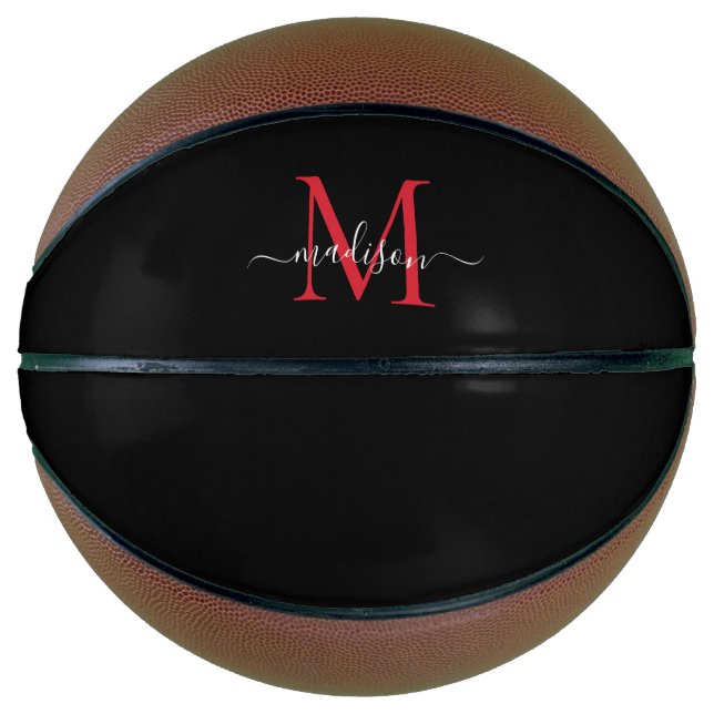 Black Burgundy Red Monogram Feminine Girl Script Basketball (Vorderseite)