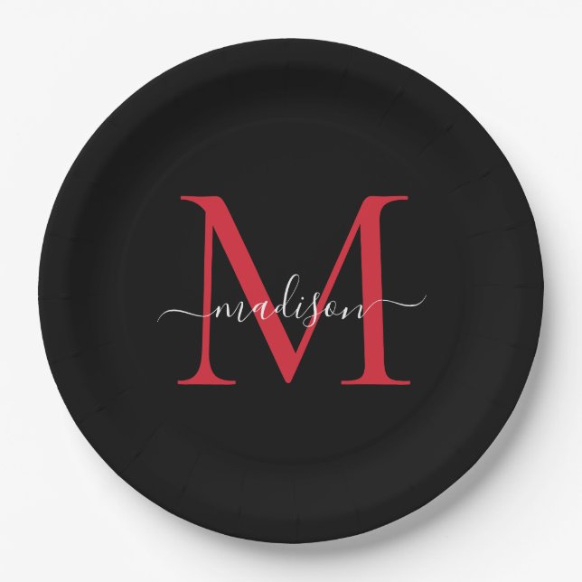 Black Burgundy Red Monogram Modernes, elegantes Sk Pappteller (Vorderseite)