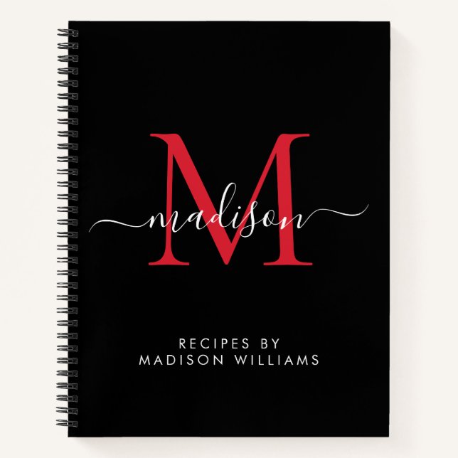 Black Burgundy Red Monogram Script Name Rezept Notizbuch (Vorderseite)