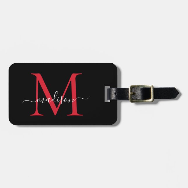 Black Burgundy Red Monogram Script Name Stilvoll Gepäckanhänger (Vorderseite horizontal)