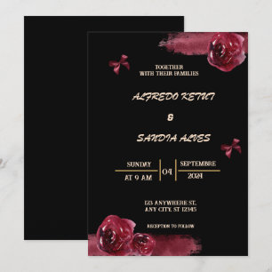 Black Burgundy und Gold Floral Moderne Boho Weddin Einladung
