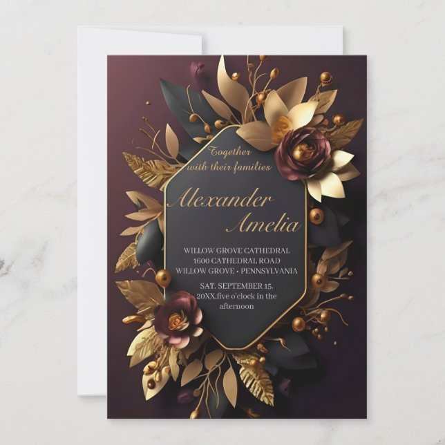 Black Burgundy und Gold Floral Moderne Boho Weddin Einladung (Vorderseite)